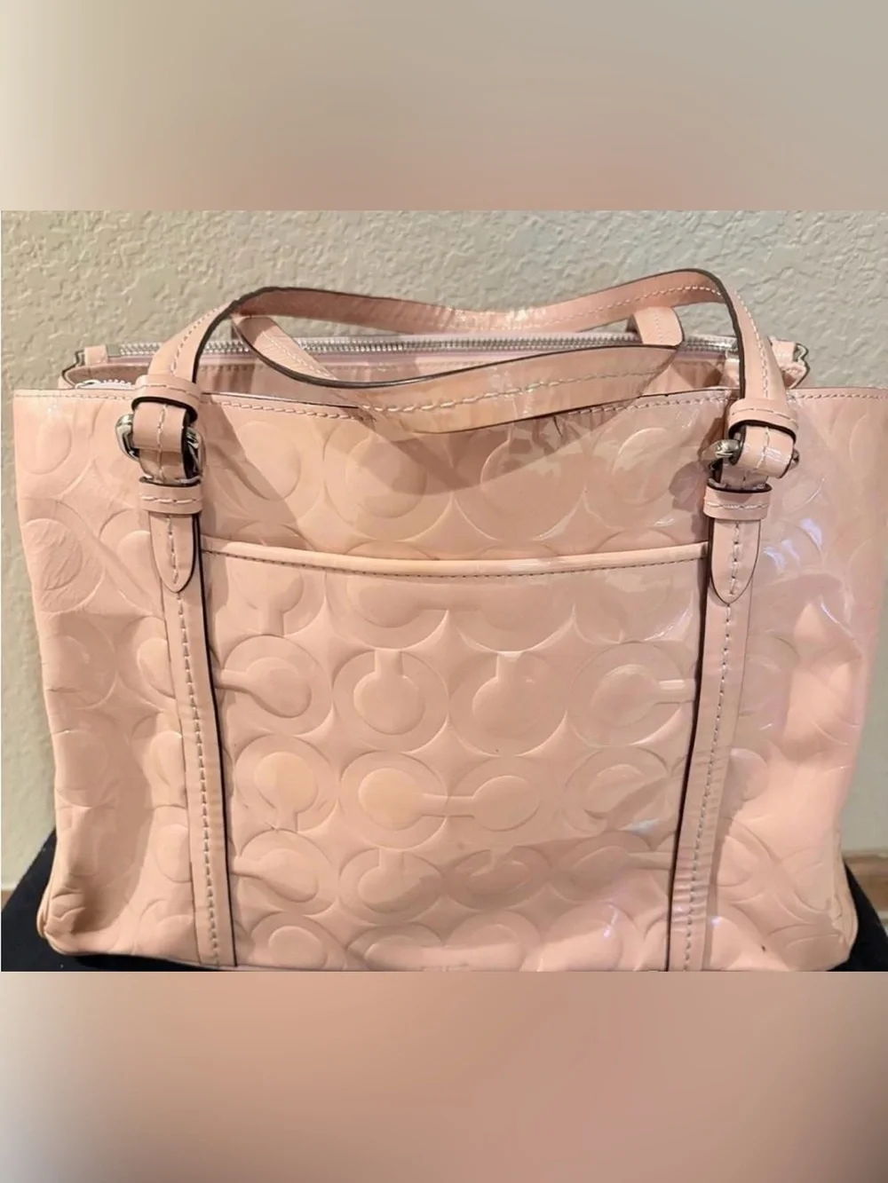 Coach “Peyton Op Art” F24607 Patent Leather Glossy Carry All Bag in Light Pink
